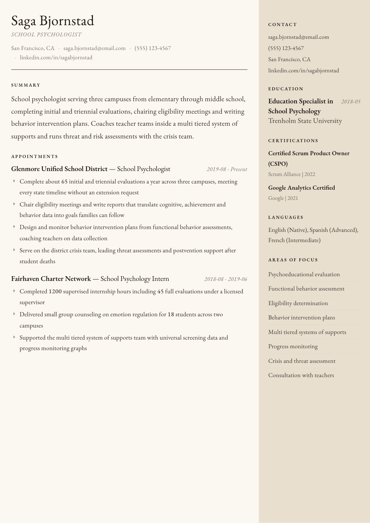 School Psychologist resume example, Manuscript template