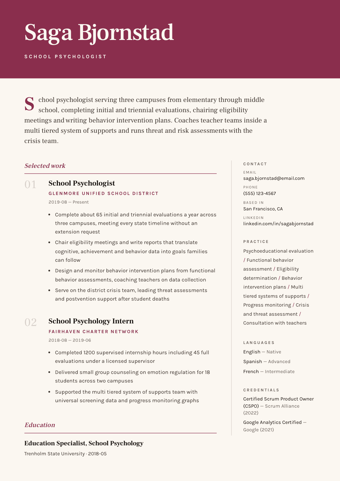 School Psychologist resume example, Pressroom template