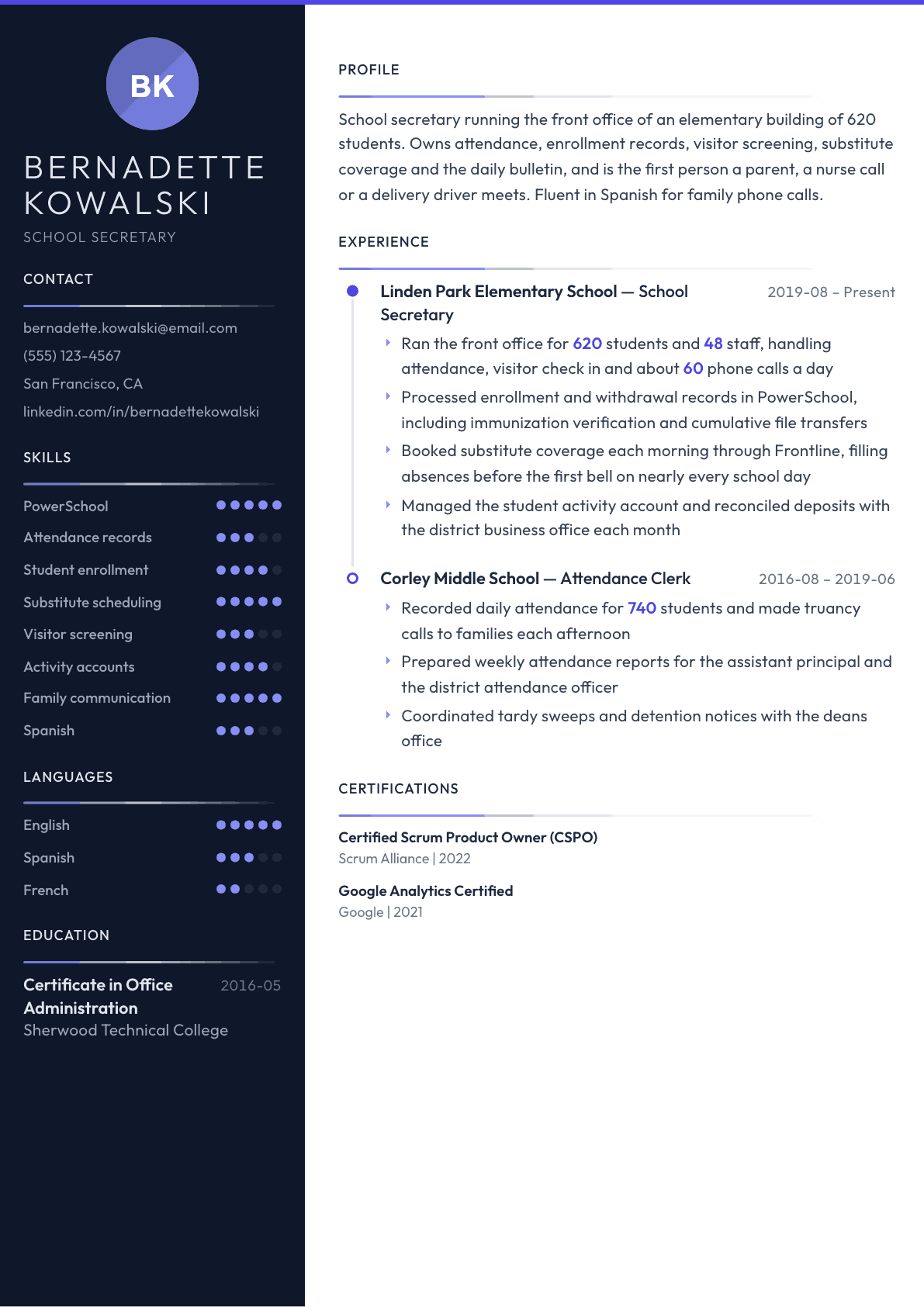 School Secretary resume example, Zenith template