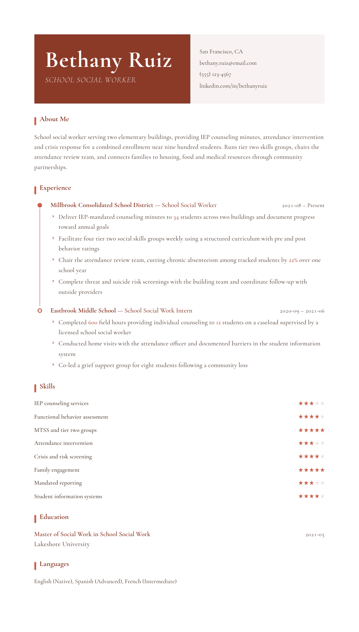 School Social Worker resume example, Artisan template