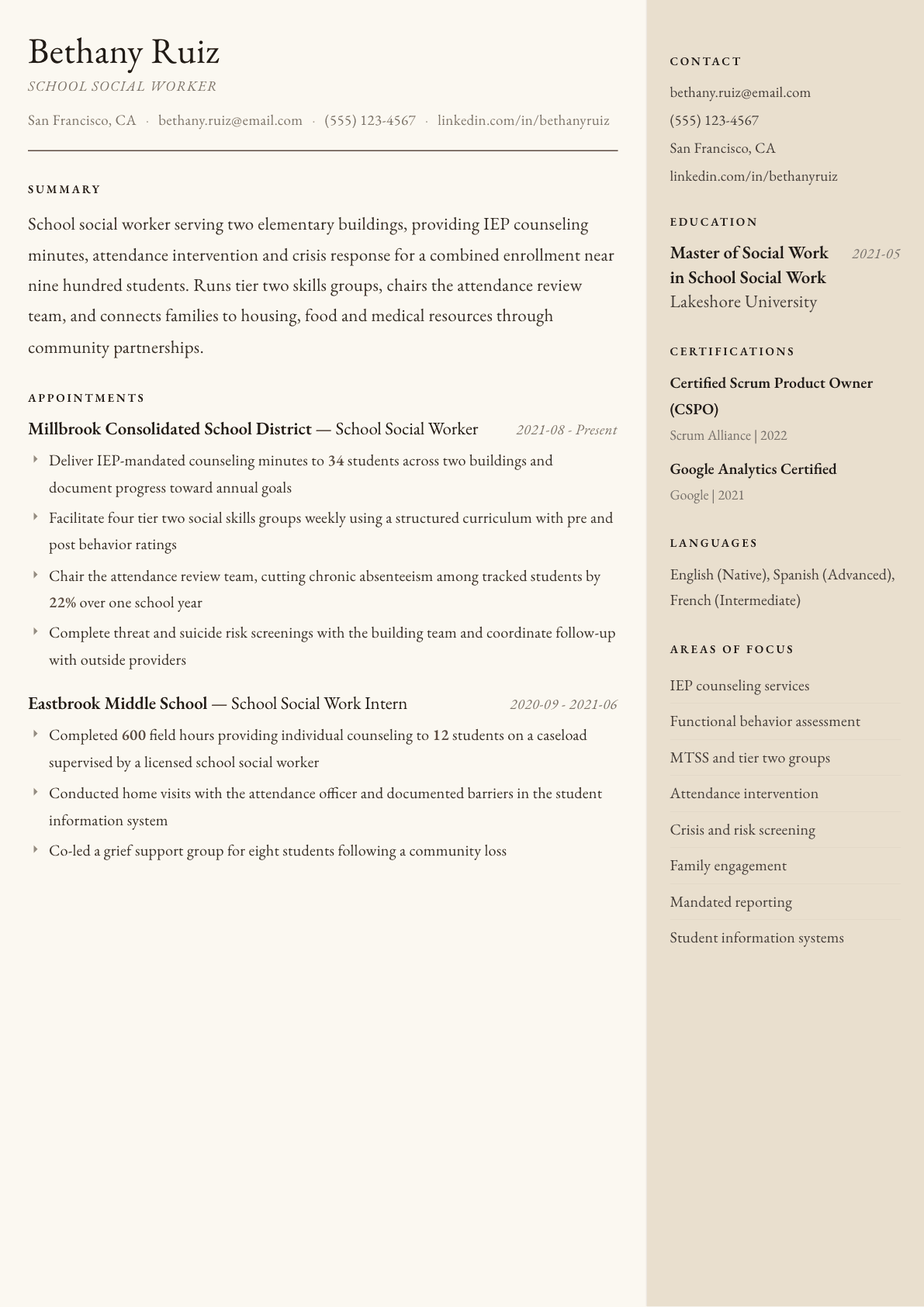 School Social Worker resume example, Manuscript template