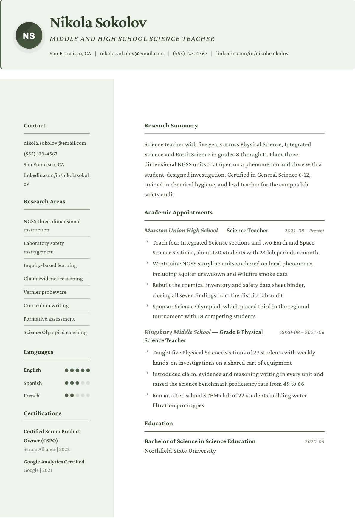 Science Teacher resume example, Research template