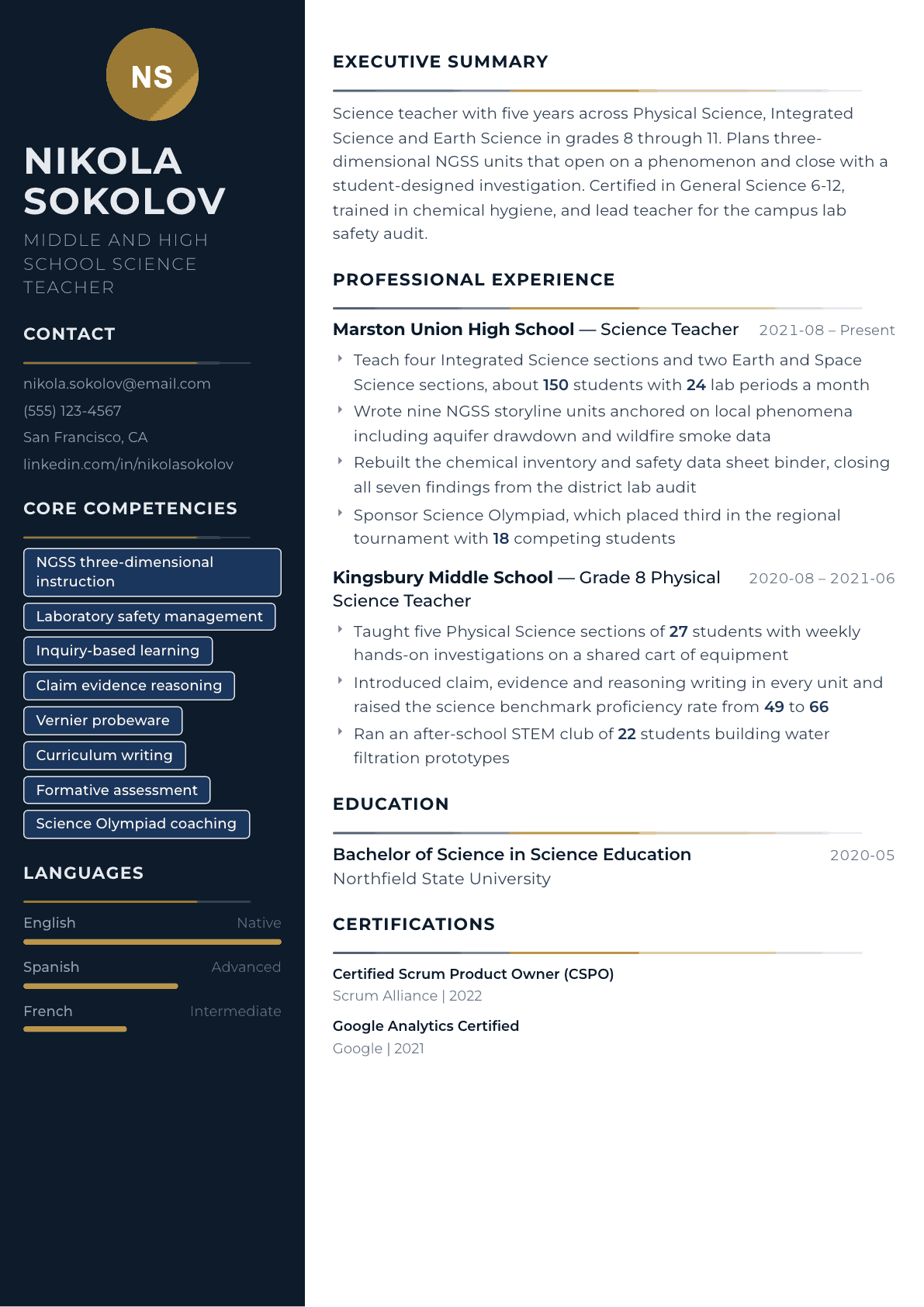 Science Teacher resume example, Catalyst template