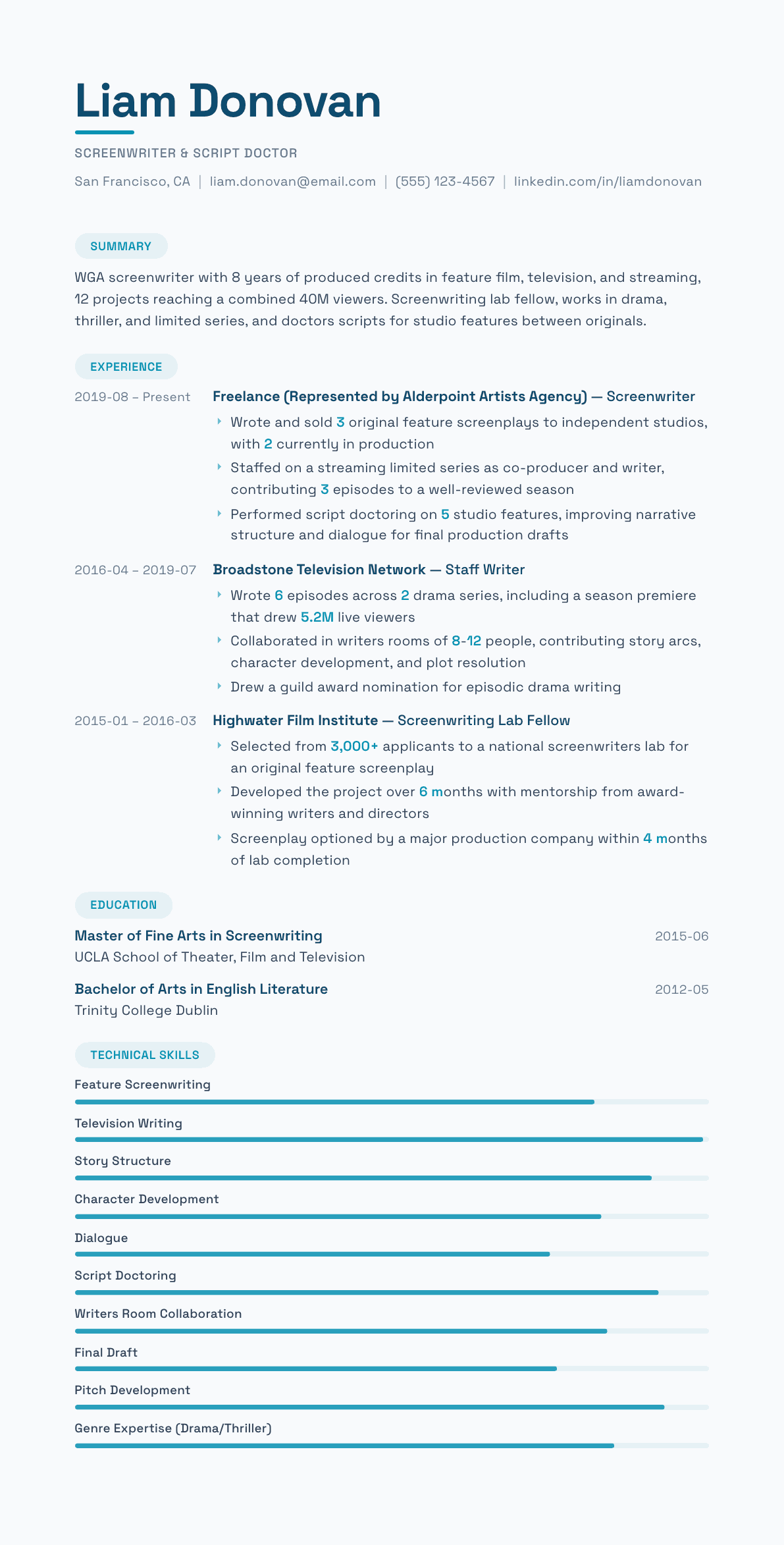 Screenwriter resume example, Horizon template