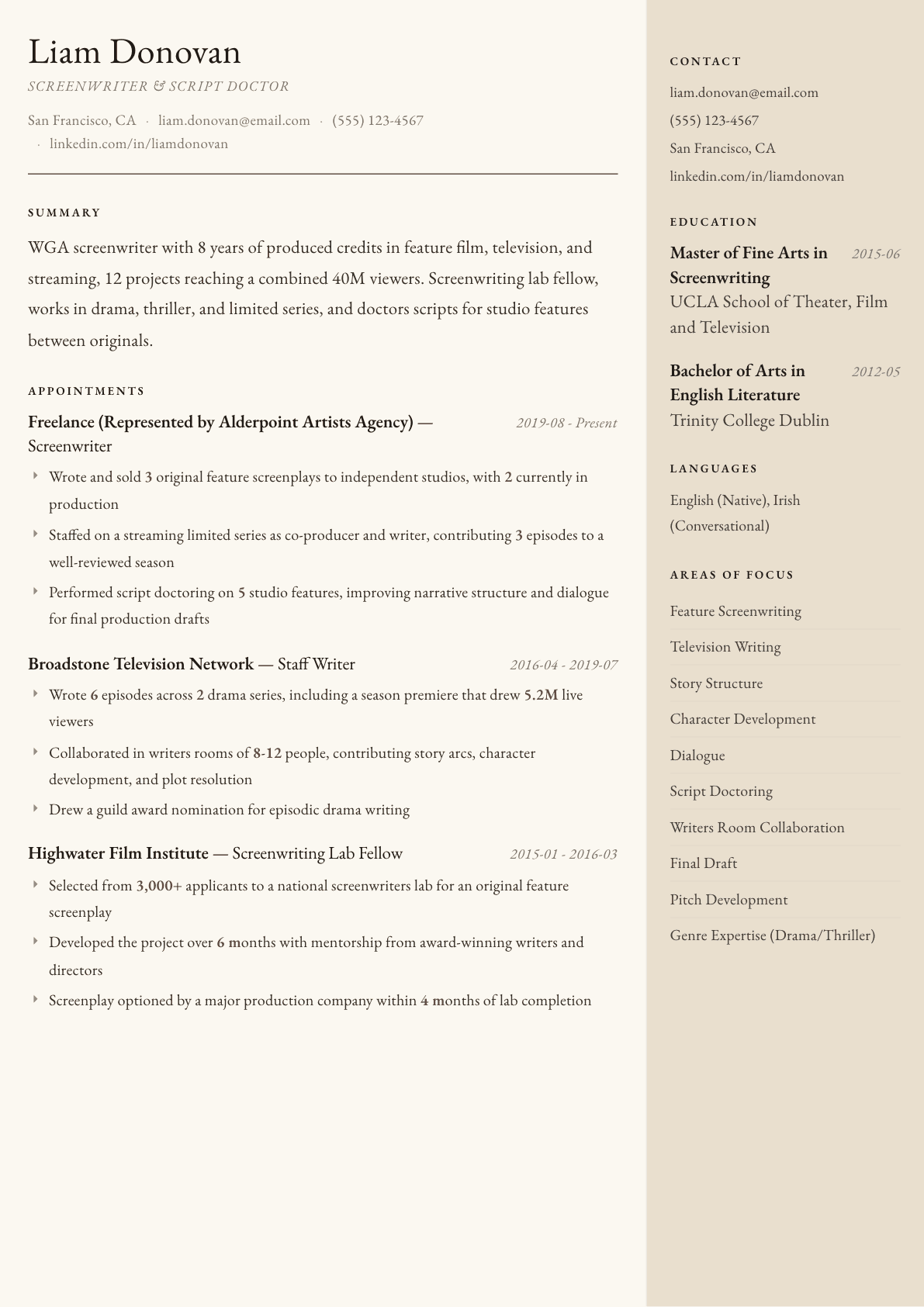 Screenwriter resume example, Manuscript template