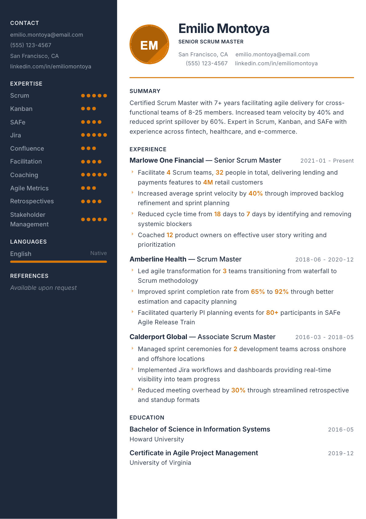 Scrum Master resume example, Copper & Slate template