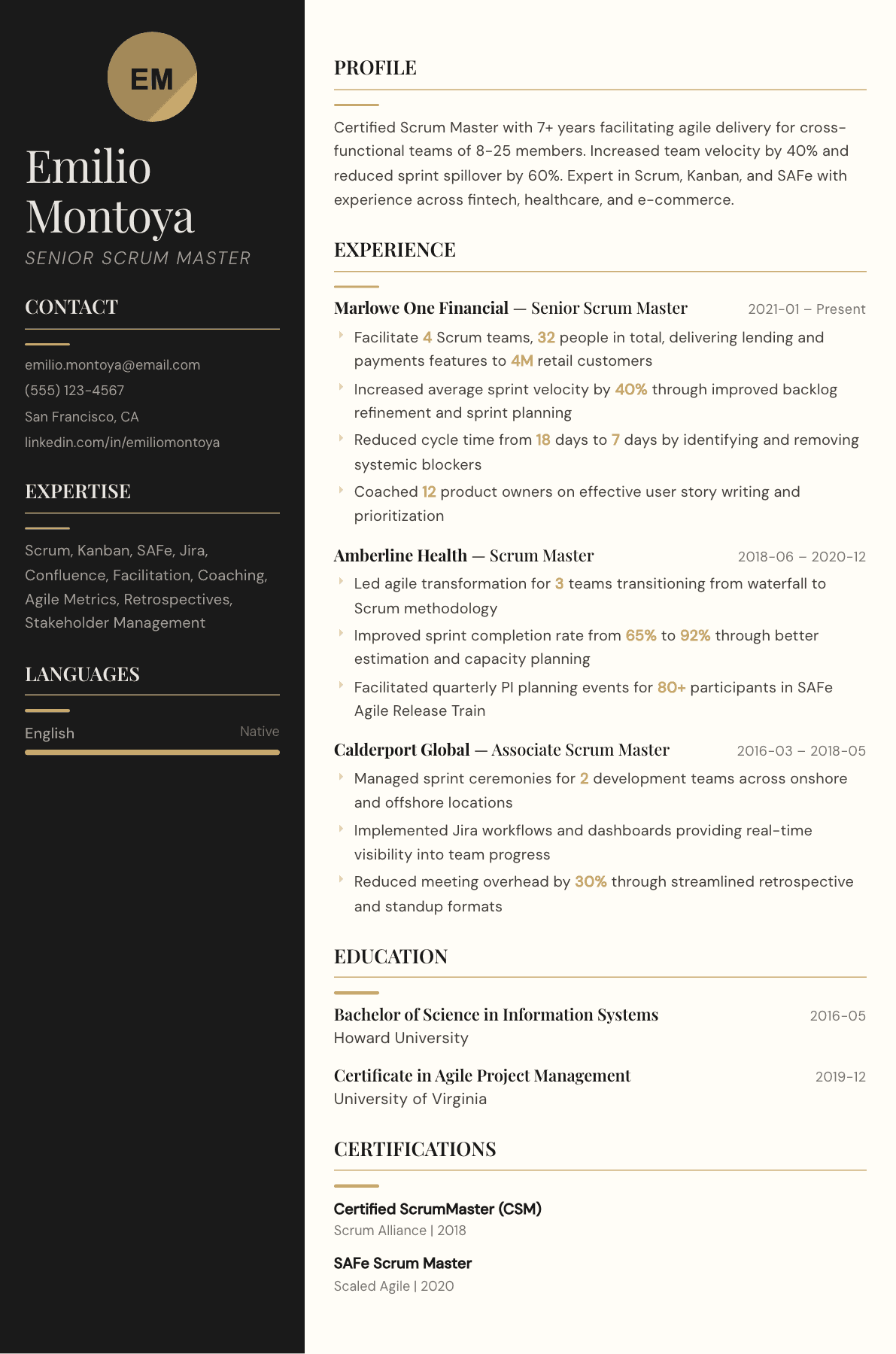 Scrum Master resume example, Obsidian template