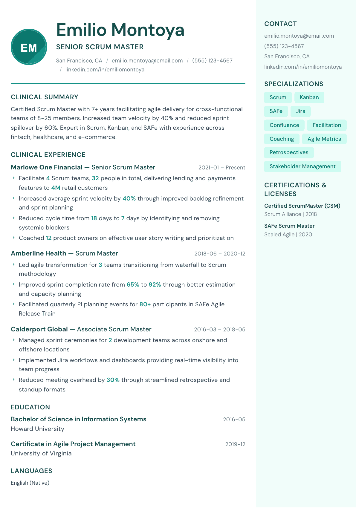 Scrum Master resume example, Remedy template
