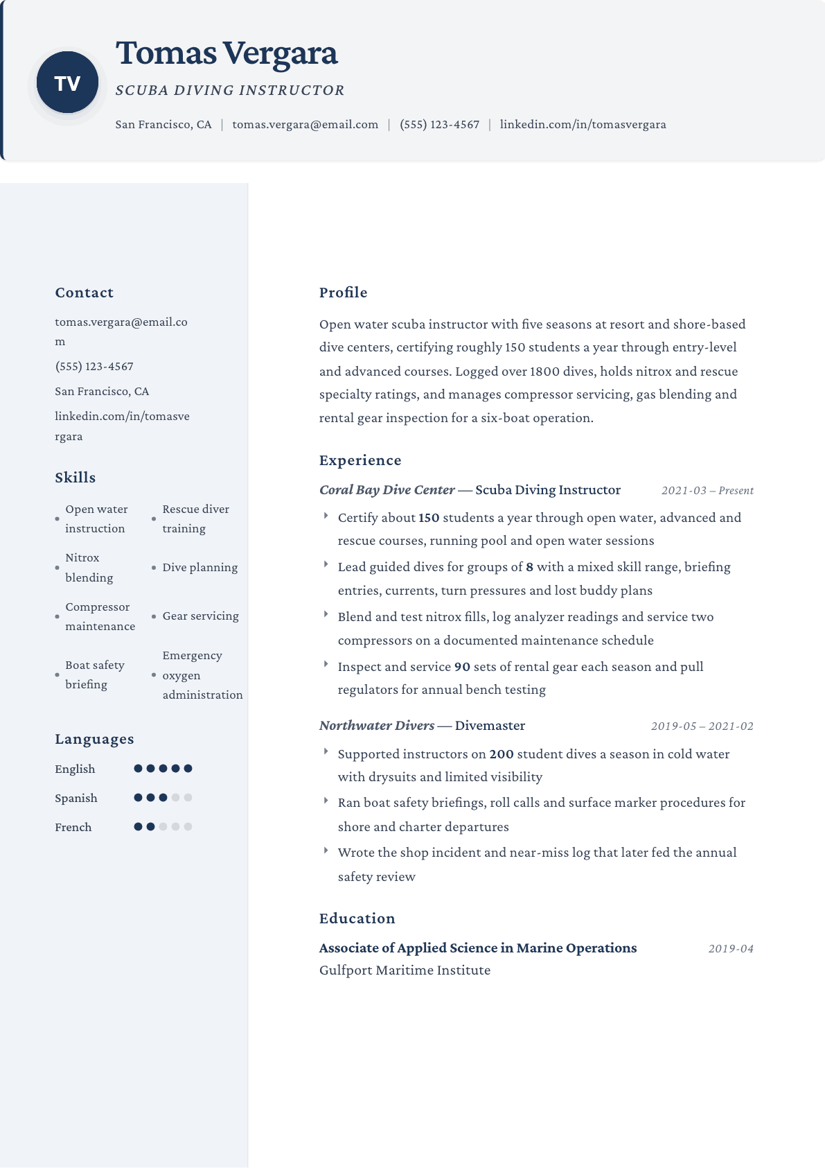 Scuba Instructor resume example, Formal template