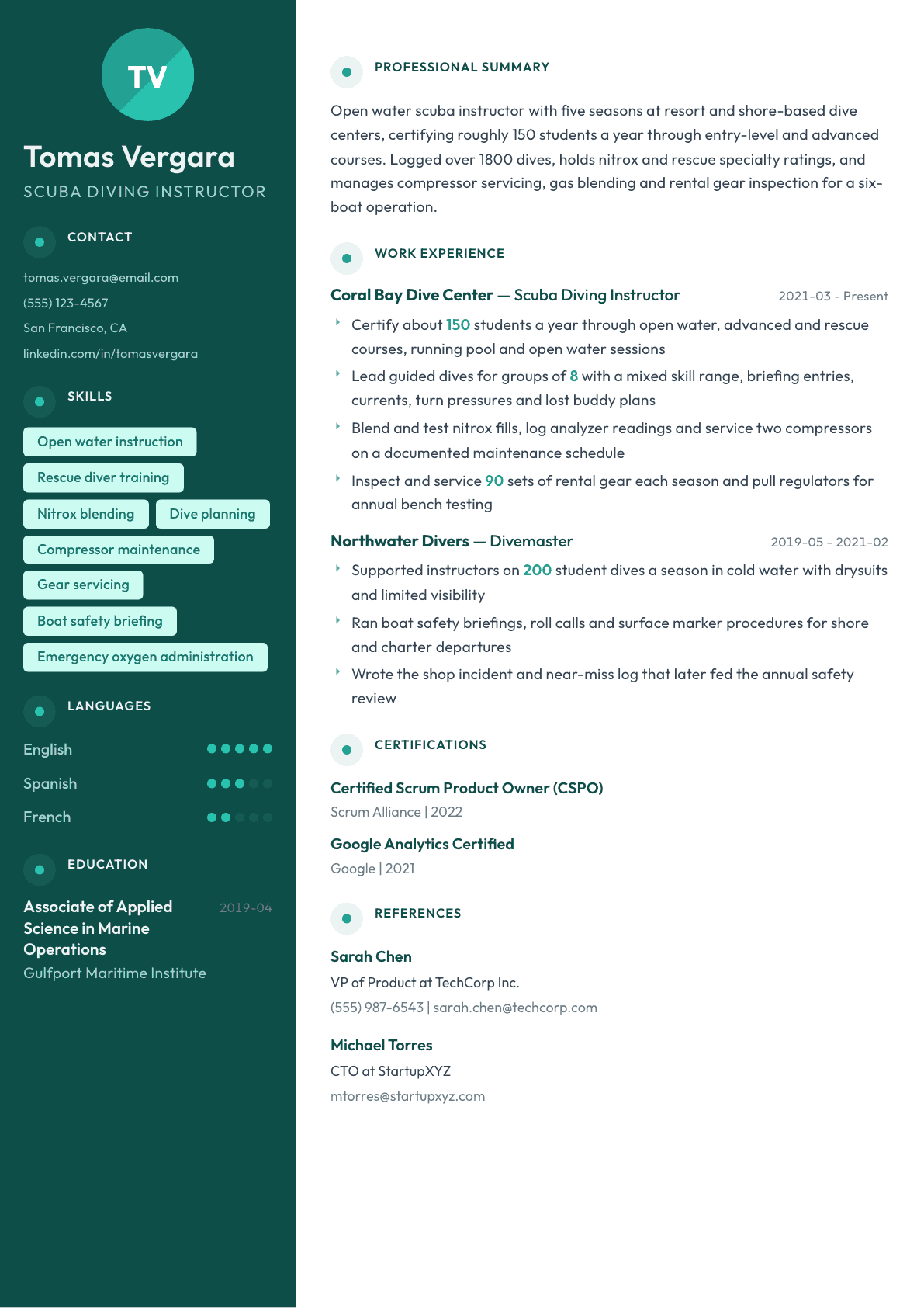 Scuba Instructor resume example, Vienna template