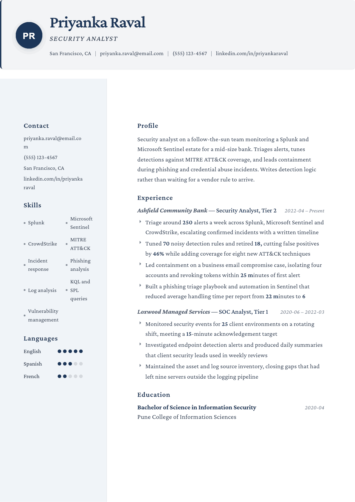 Security Analyst resume example, Formal template