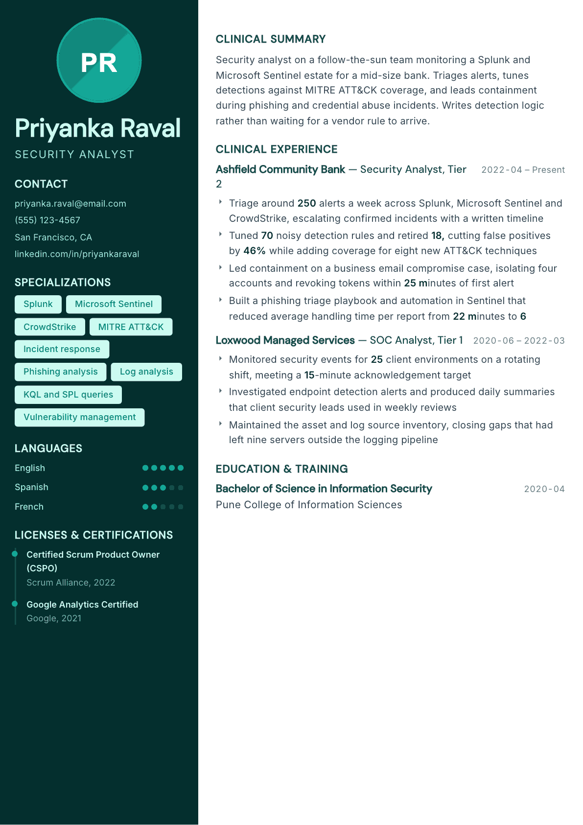 Security Analyst resume example, Vitalis template