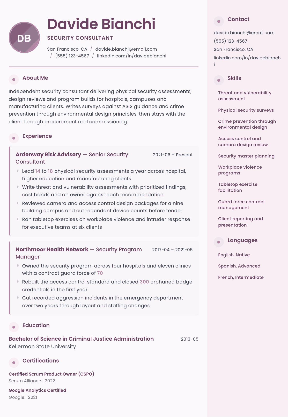 Security Consultant resume example, Bloom template
