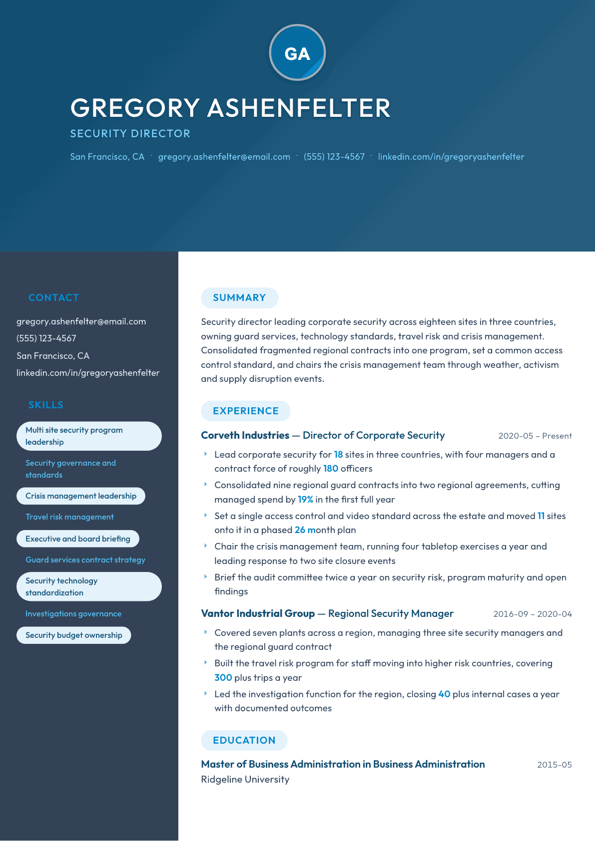 Security Director resume example, Nexus template