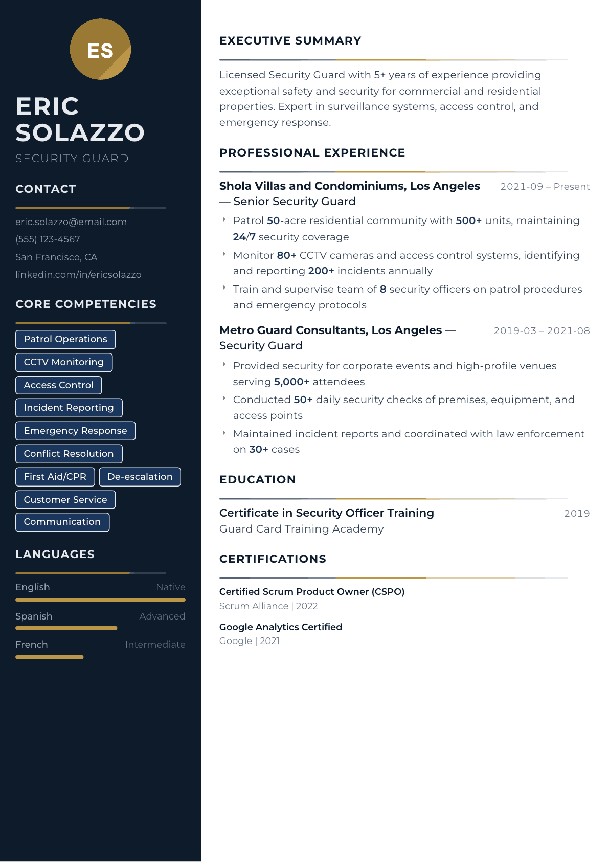 Security Guard resume example, Catalyst template