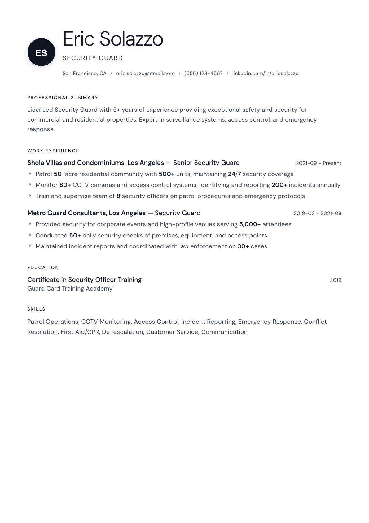 Security Guard resume example, Stockholm template
