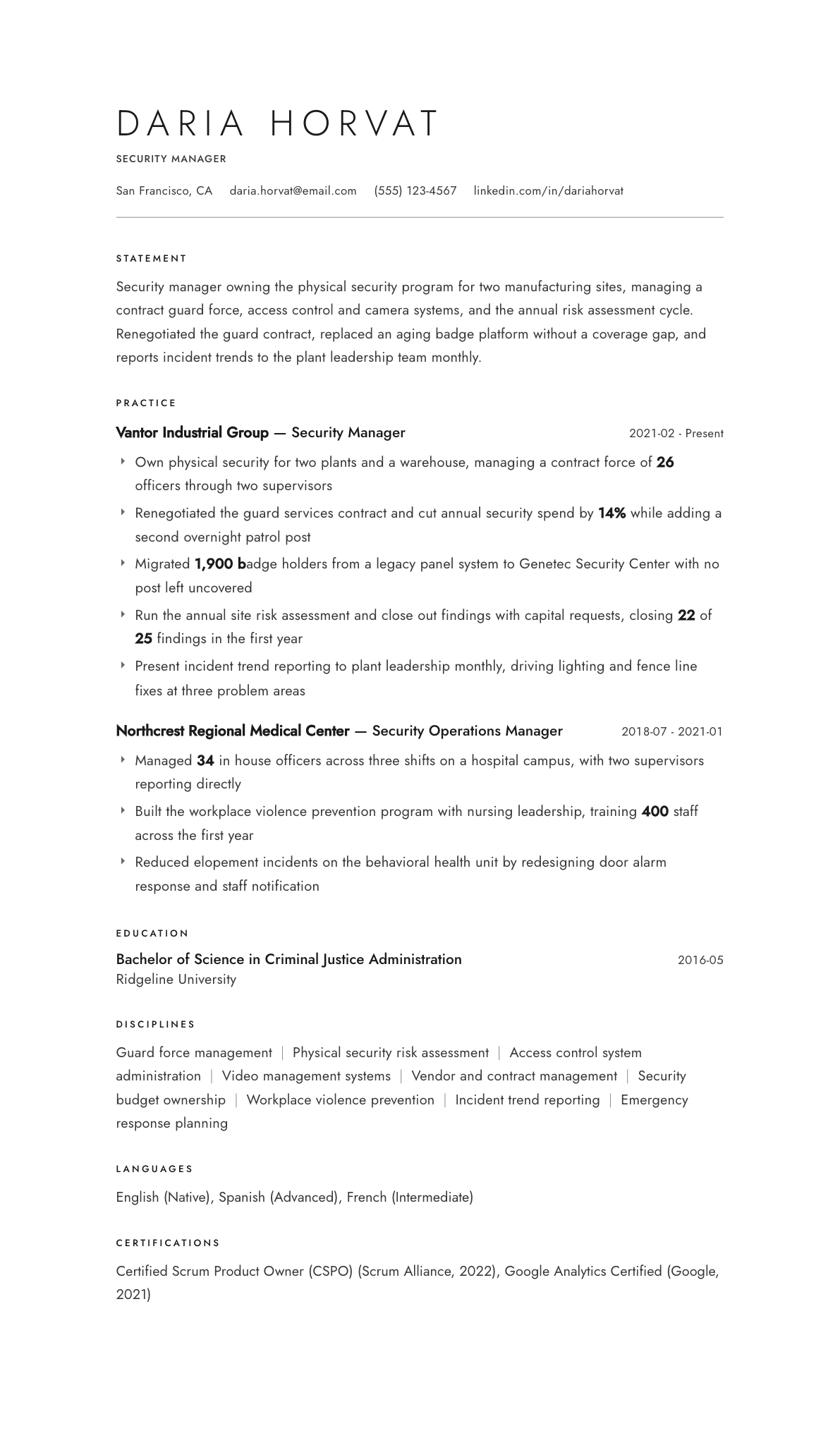 Security Manager resume example, Atelier template