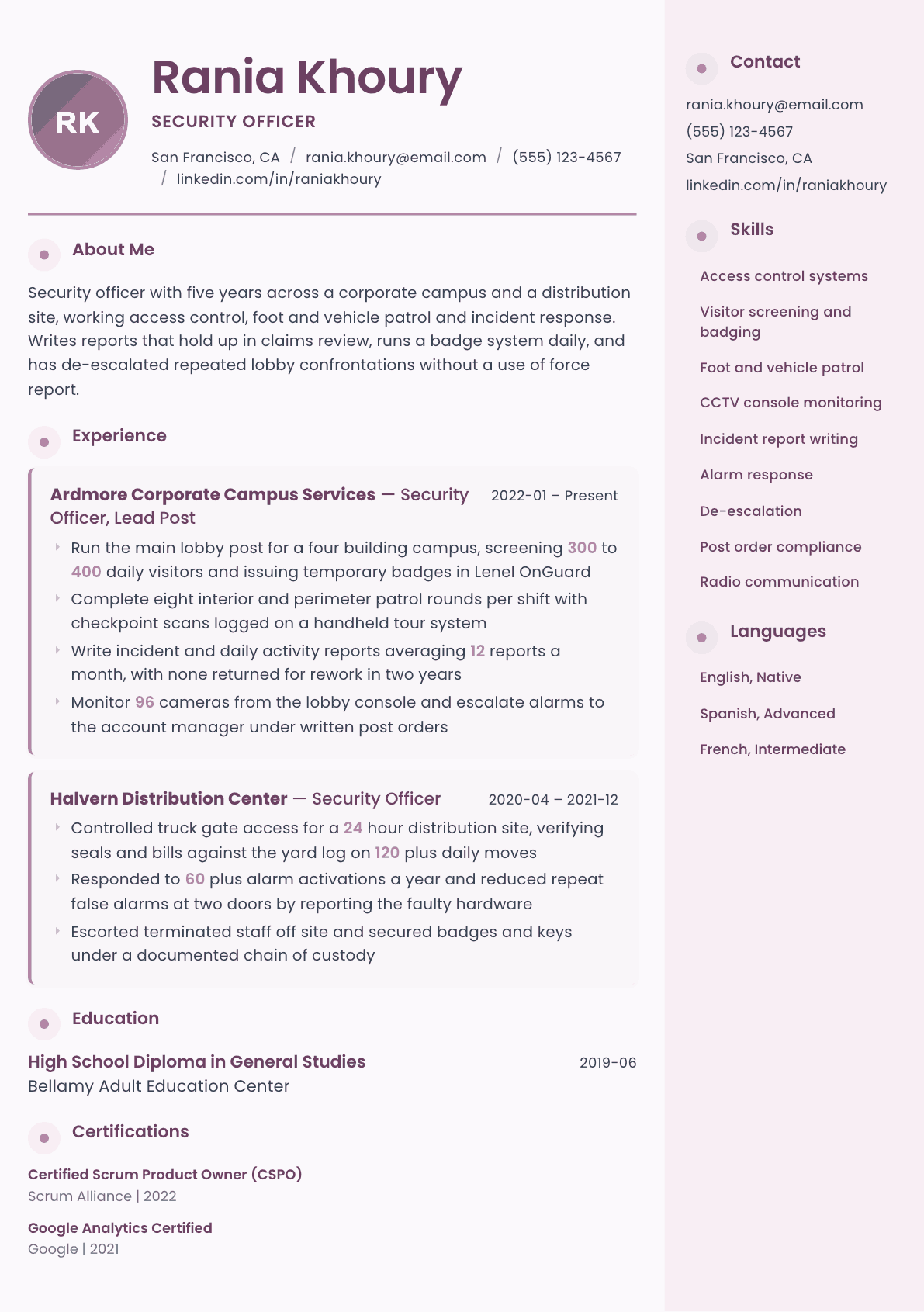 Security Officer resume example, Bloom template