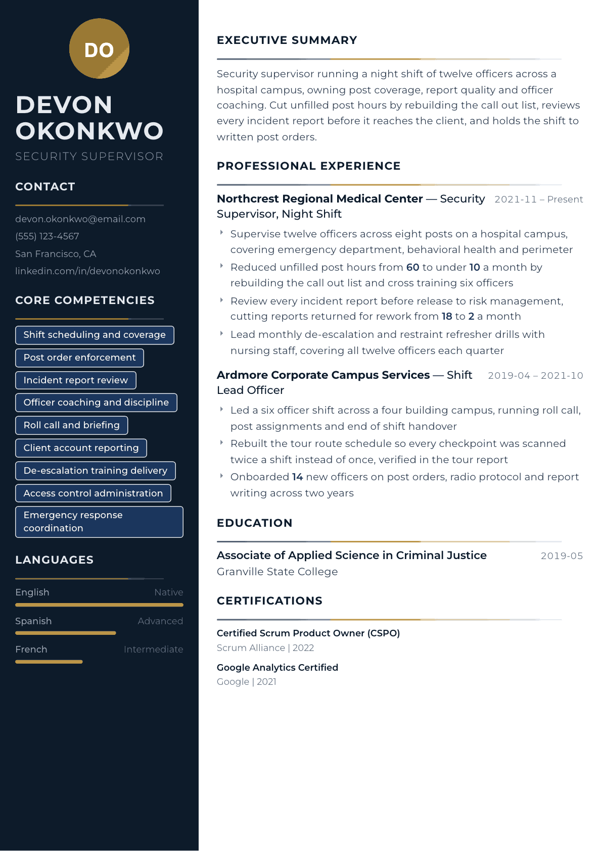 Security Supervisor resume example, Catalyst template