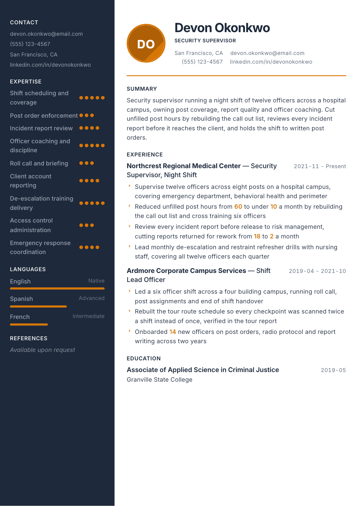 Security Supervisor resume example, Copper & Slate template