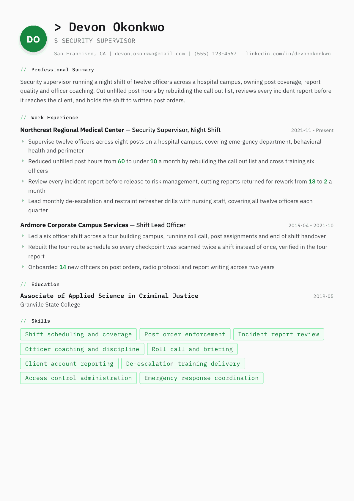Security Supervisor resume example, Amsterdam template