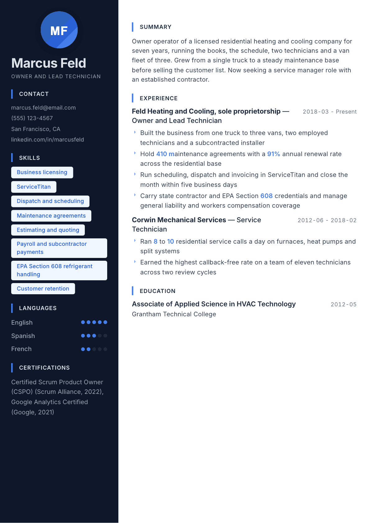 Self-Employed resume example, Midnight Sapphire template