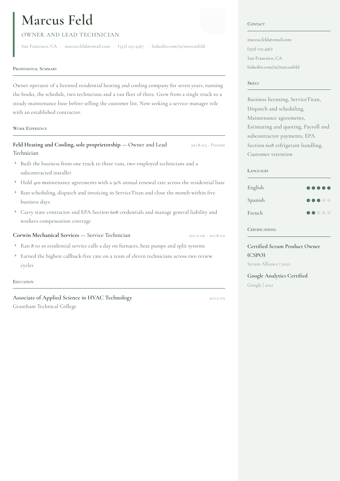 Self-Employed resume example, Copenhagen template