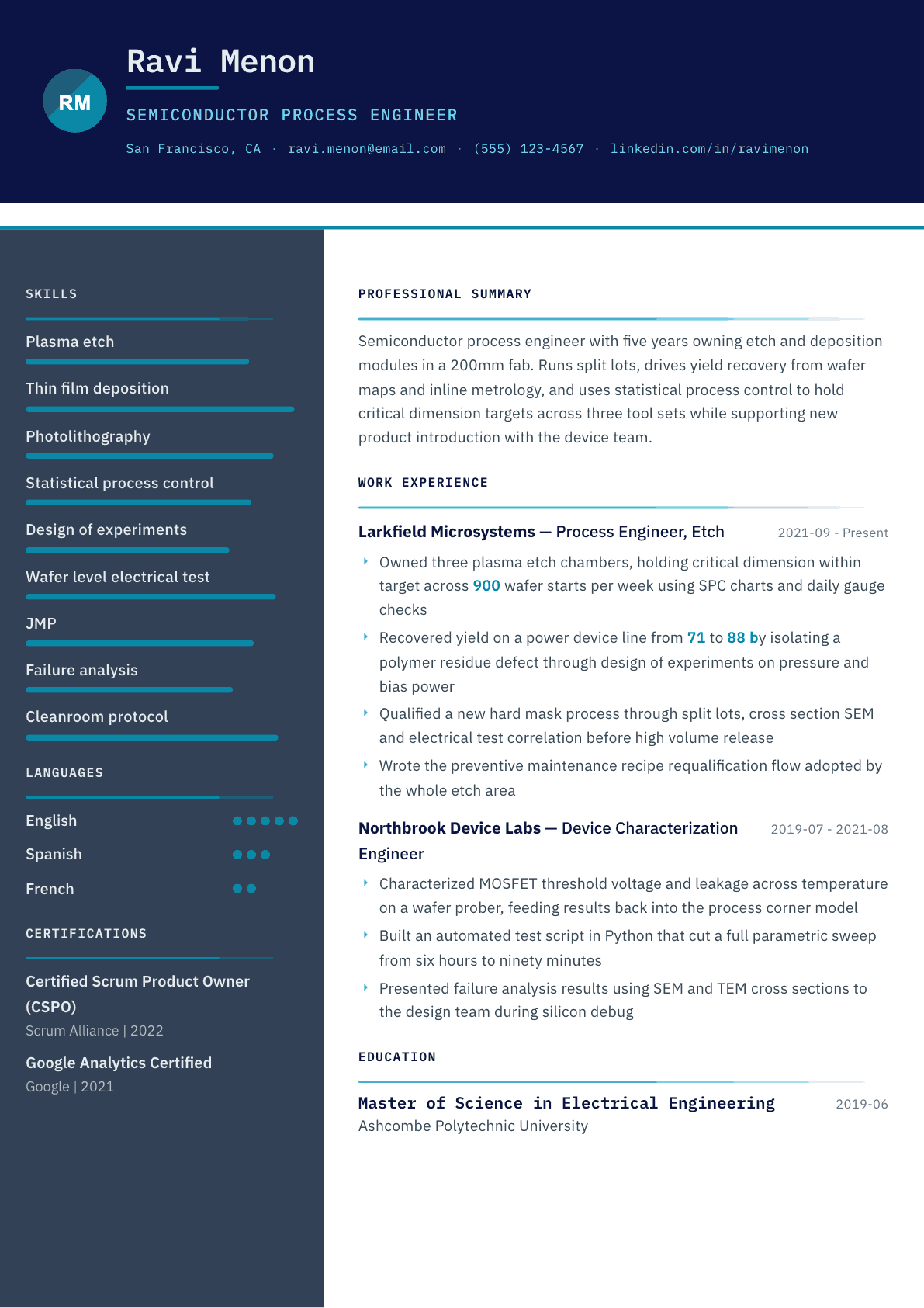 Semiconductor Engineer resume example, Atlas template