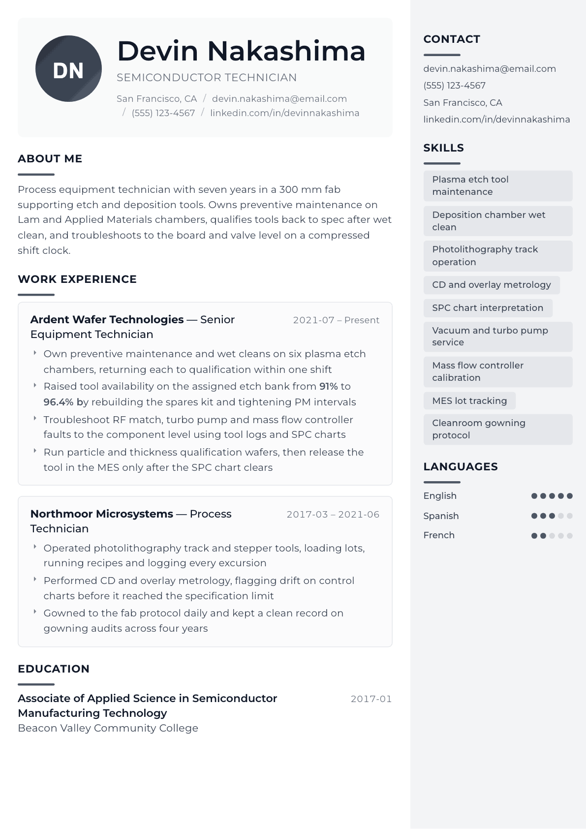 Semiconductor Technician resume example, Metropolitan template