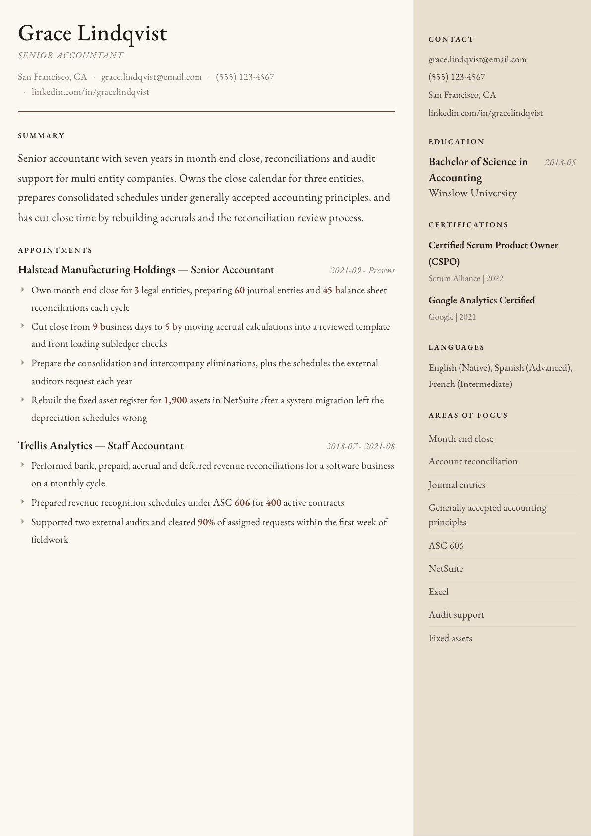 Senior Accountant resume example, Manuscript template