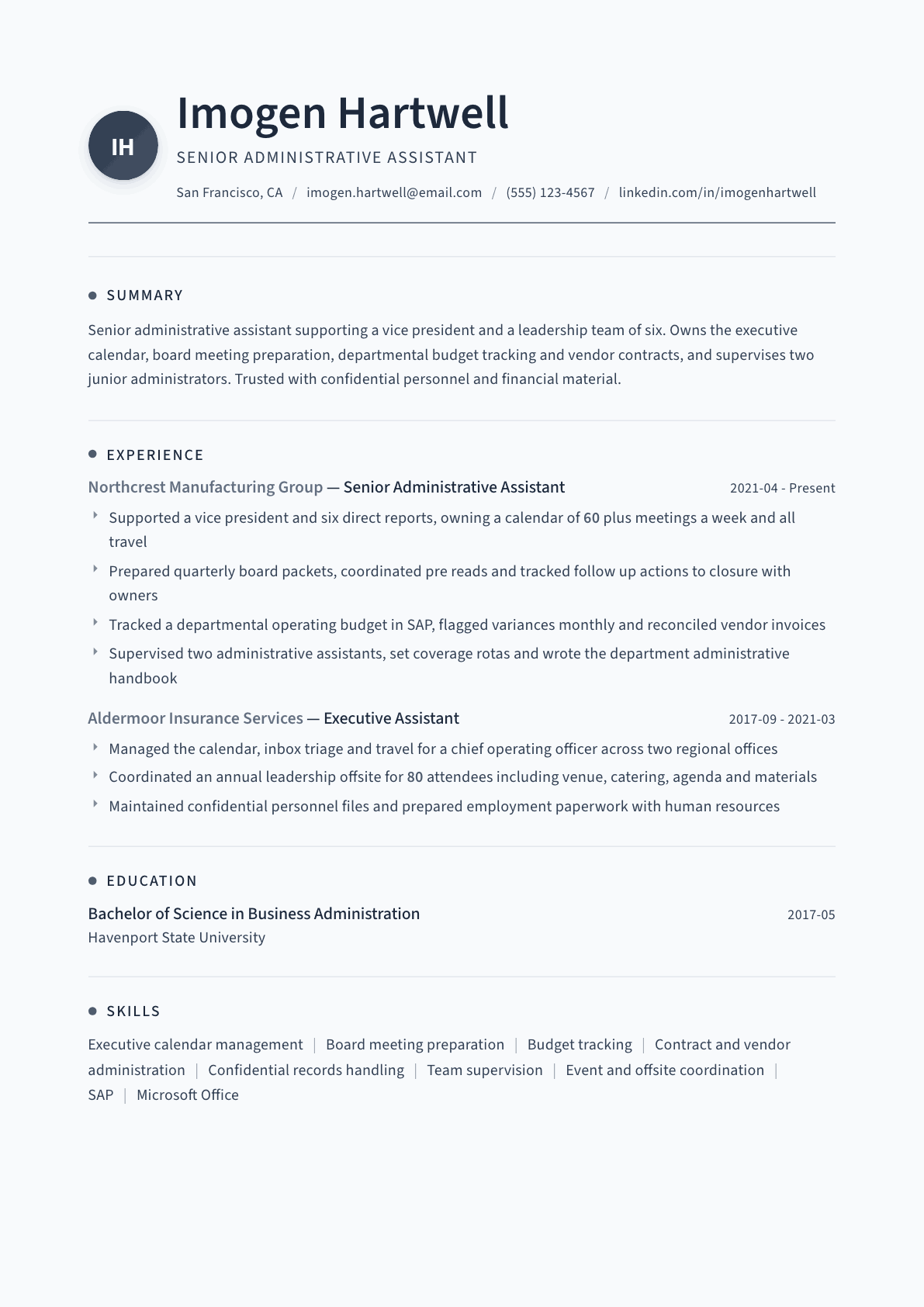 Senior Administrative Assistant resume example, Thread template
