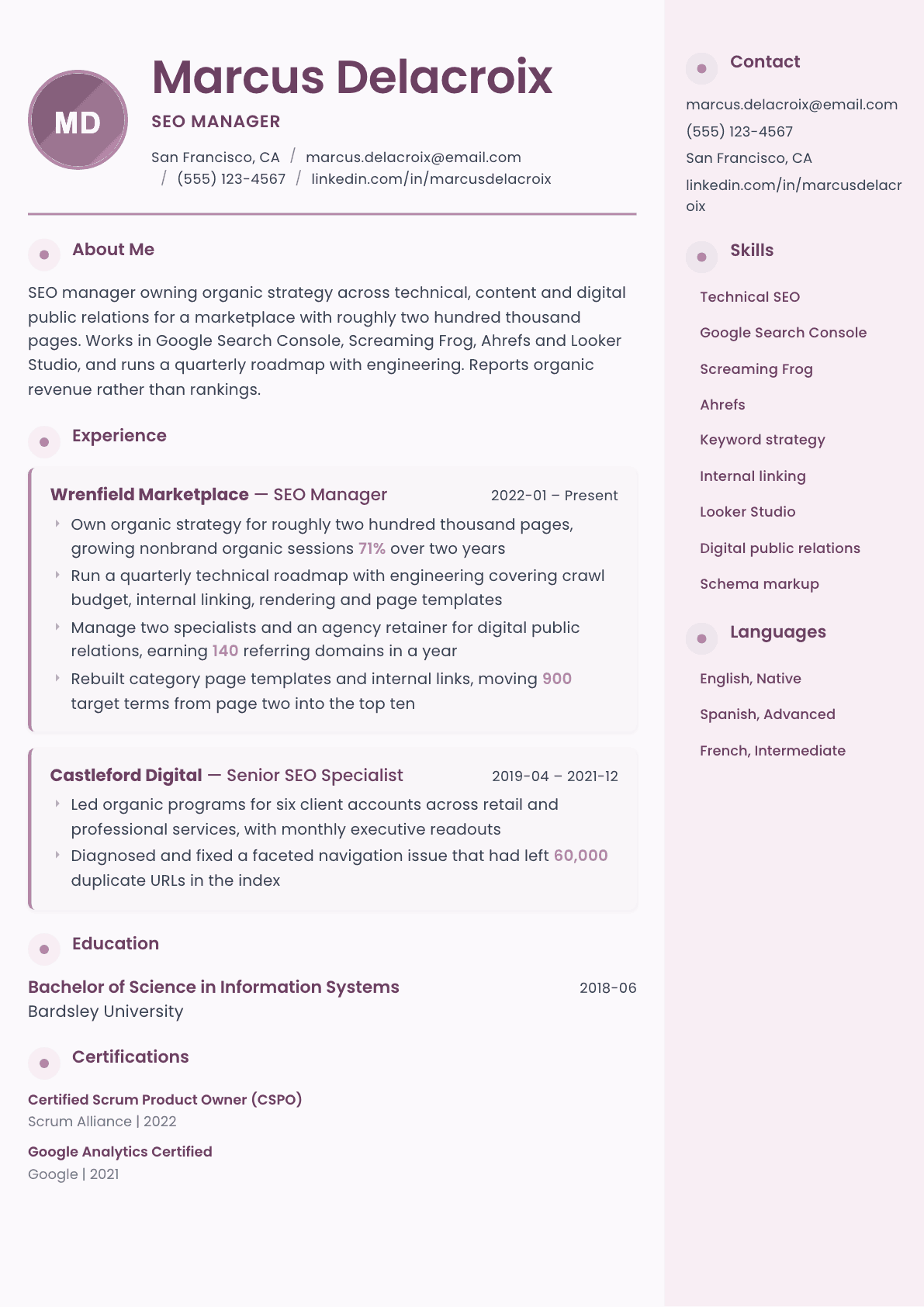 SEO Manager resume example, Bloom template