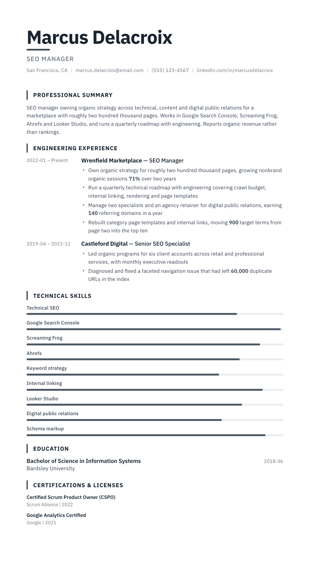 SEO Manager resume example, Blueprint template