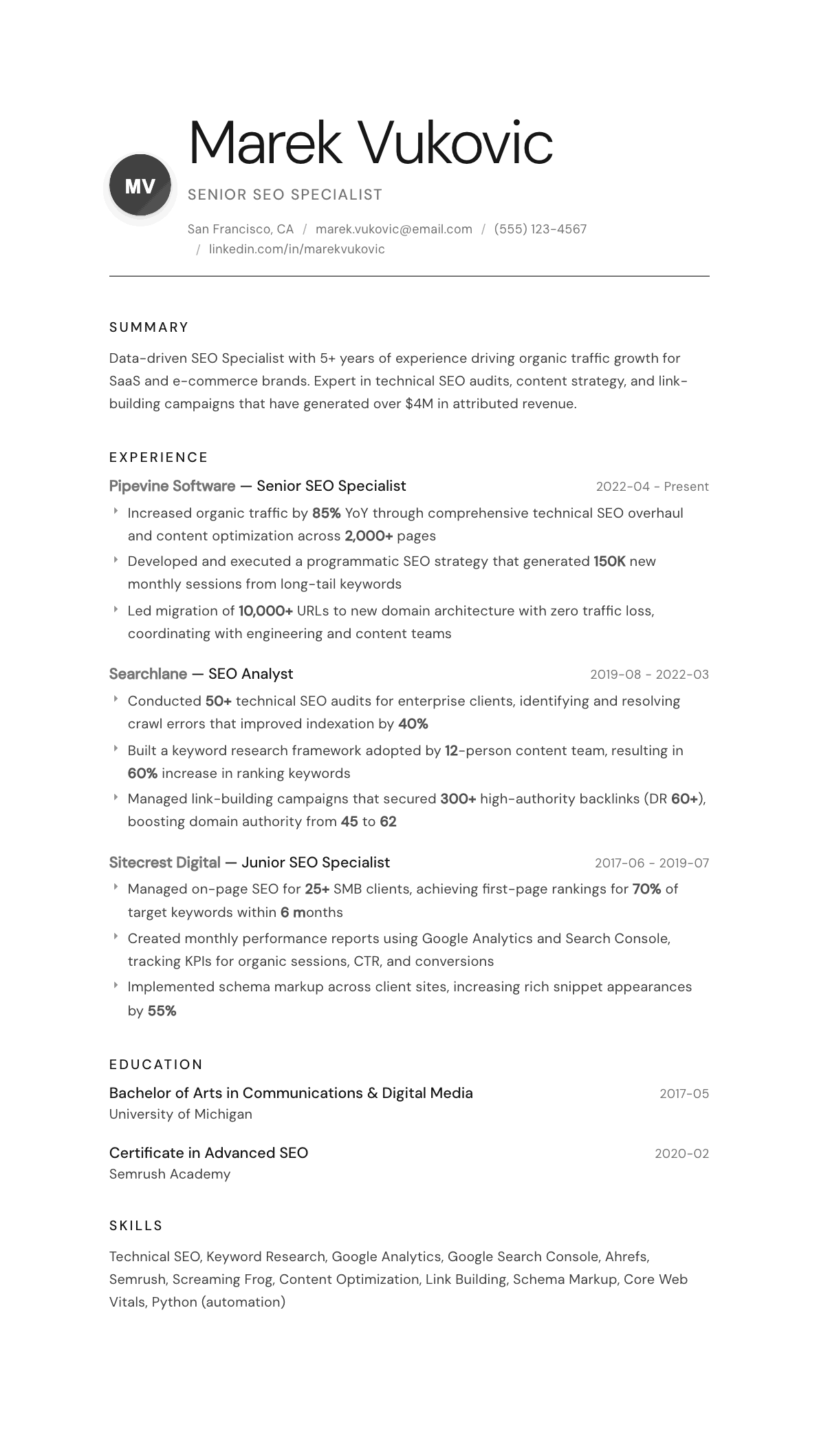 SEO Specialist resume example, Whisper template