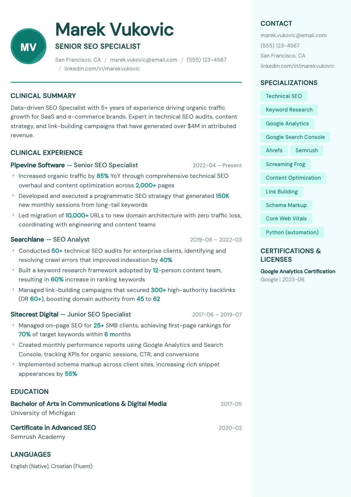 SEO Specialist resume example, Remedy template