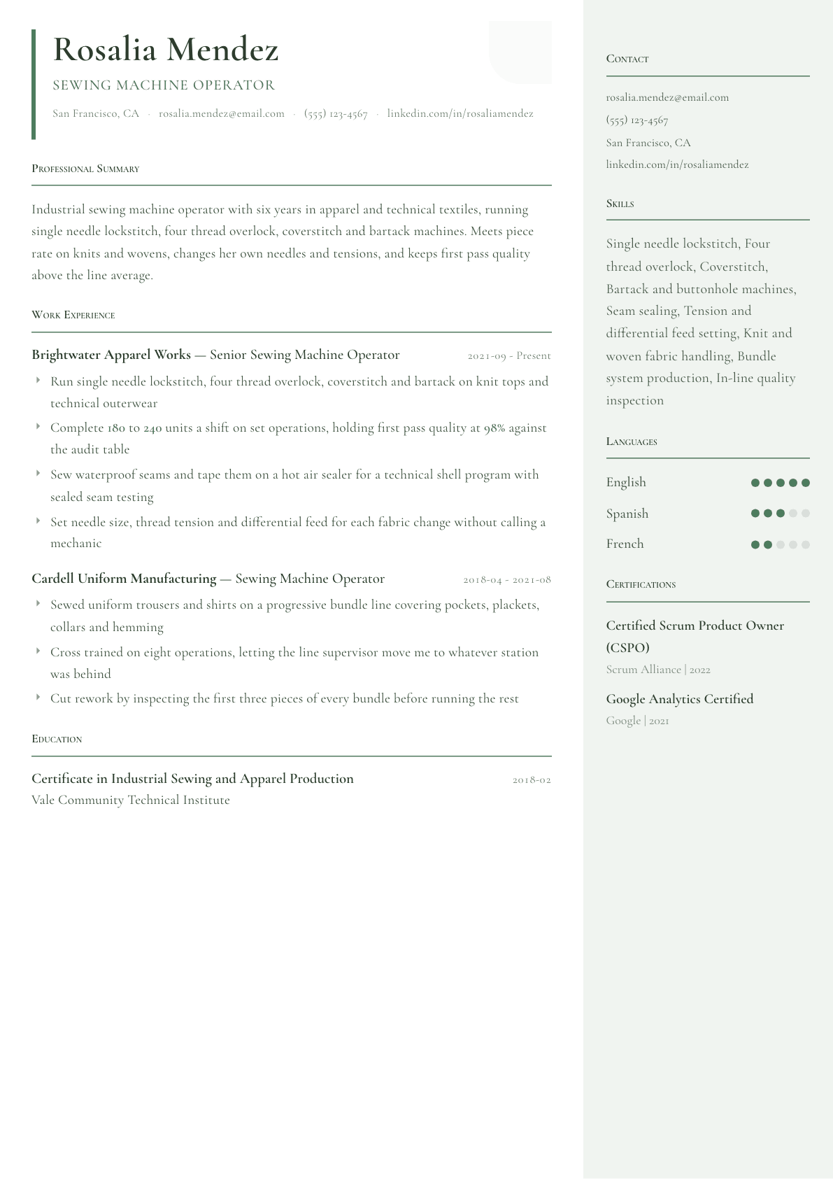 Sewing Machine Operator resume example, Copenhagen template