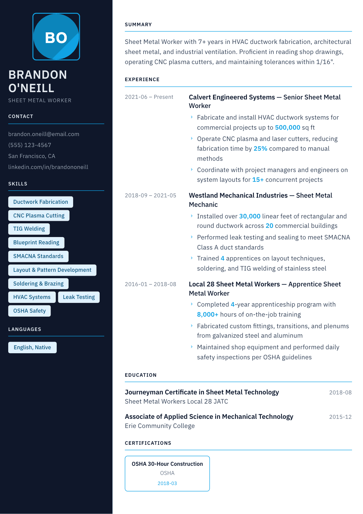 Sheet Metal Worker resume example, Everest template