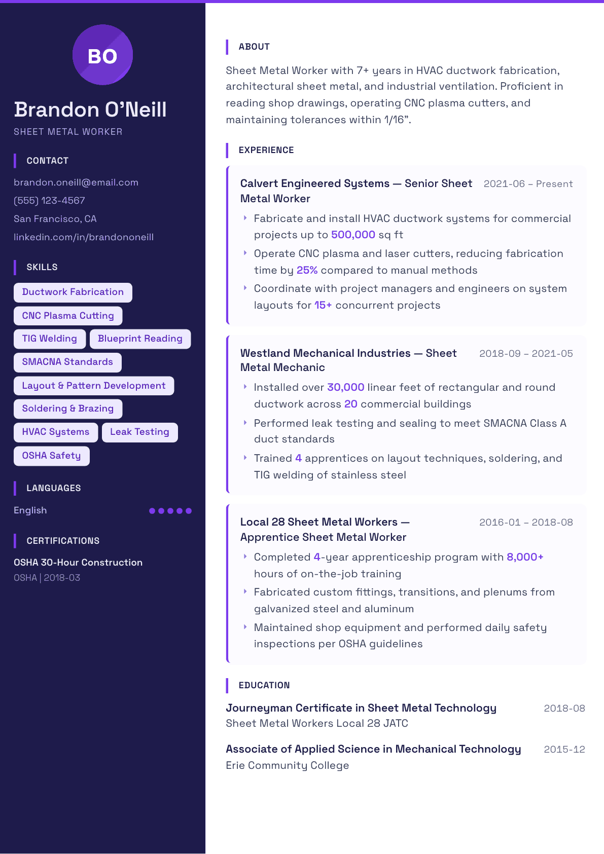 Sheet Metal Worker resume example, Solstice template