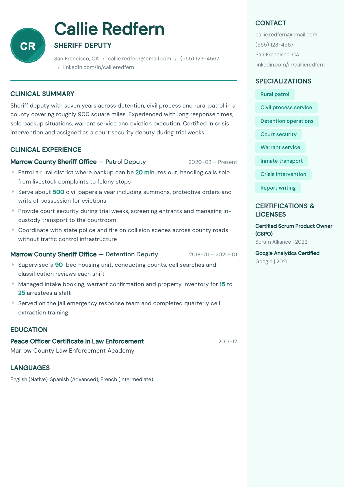 Sheriff Deputy resume example, Remedy template