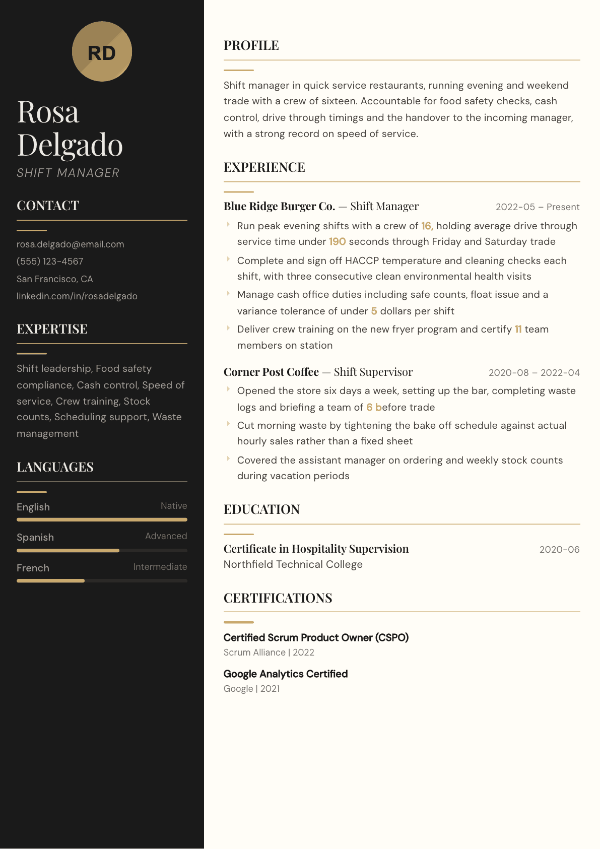 Shift Manager resume example, Obsidian template