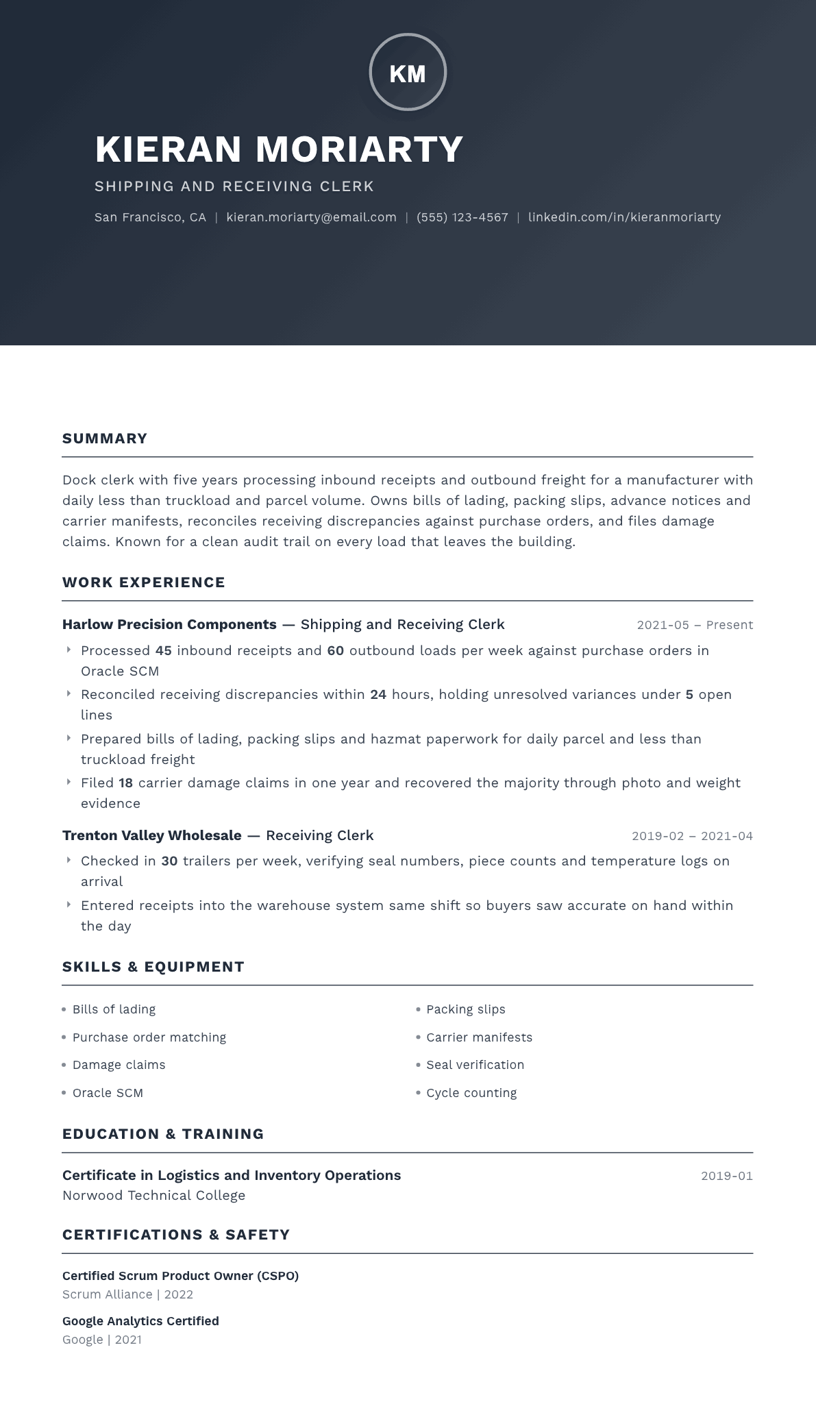 Shipping and Receiving Clerk resume example, Foundation template