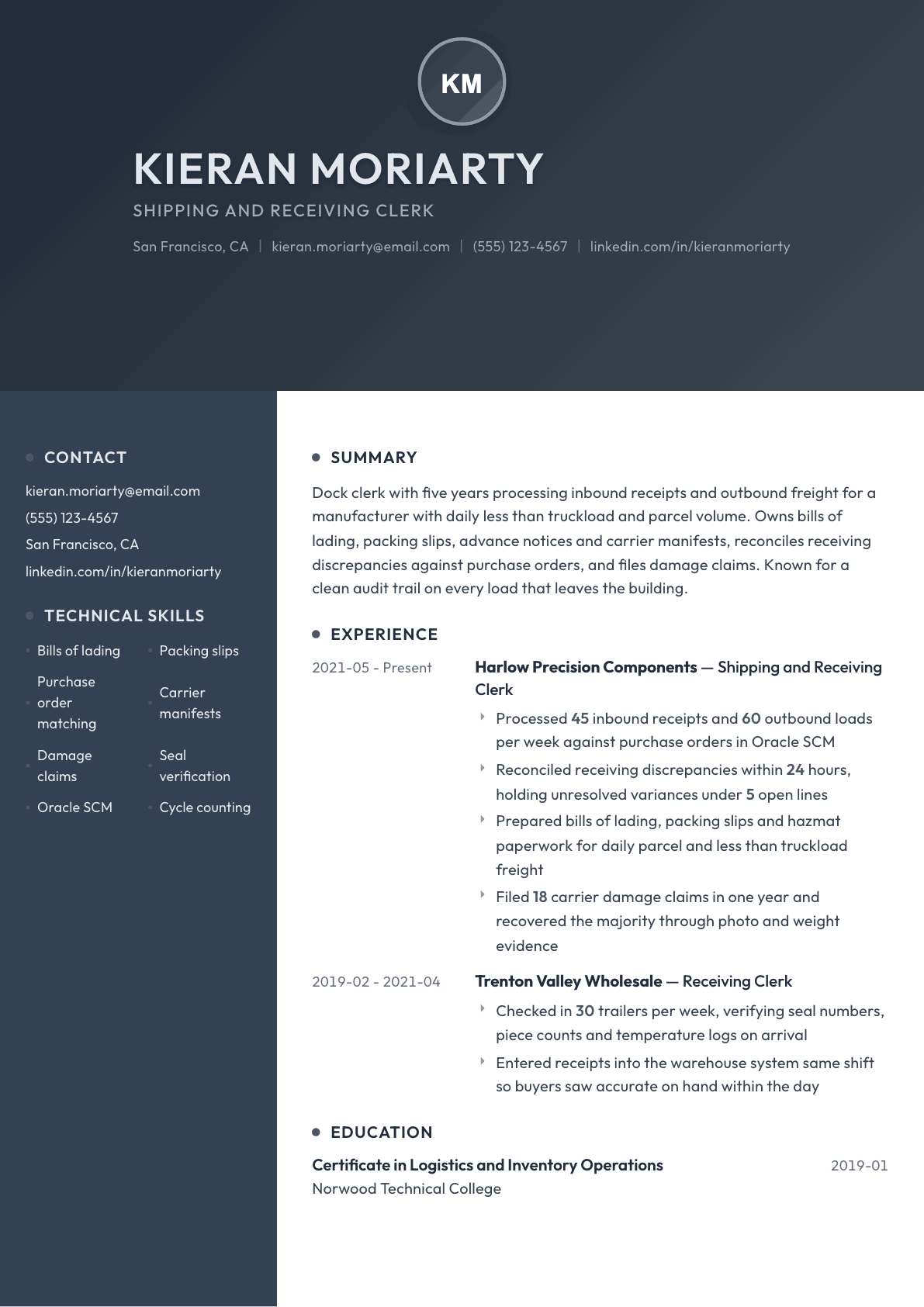 Shipping and Receiving Clerk resume example, Binary template