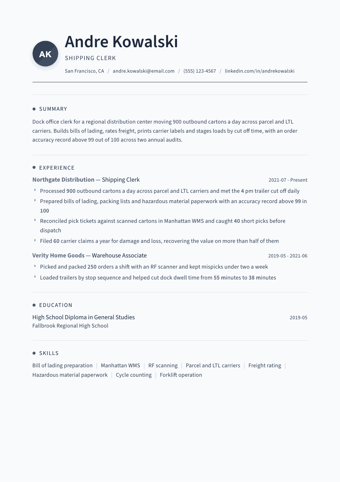 Shipping Clerk resume example, Thread template