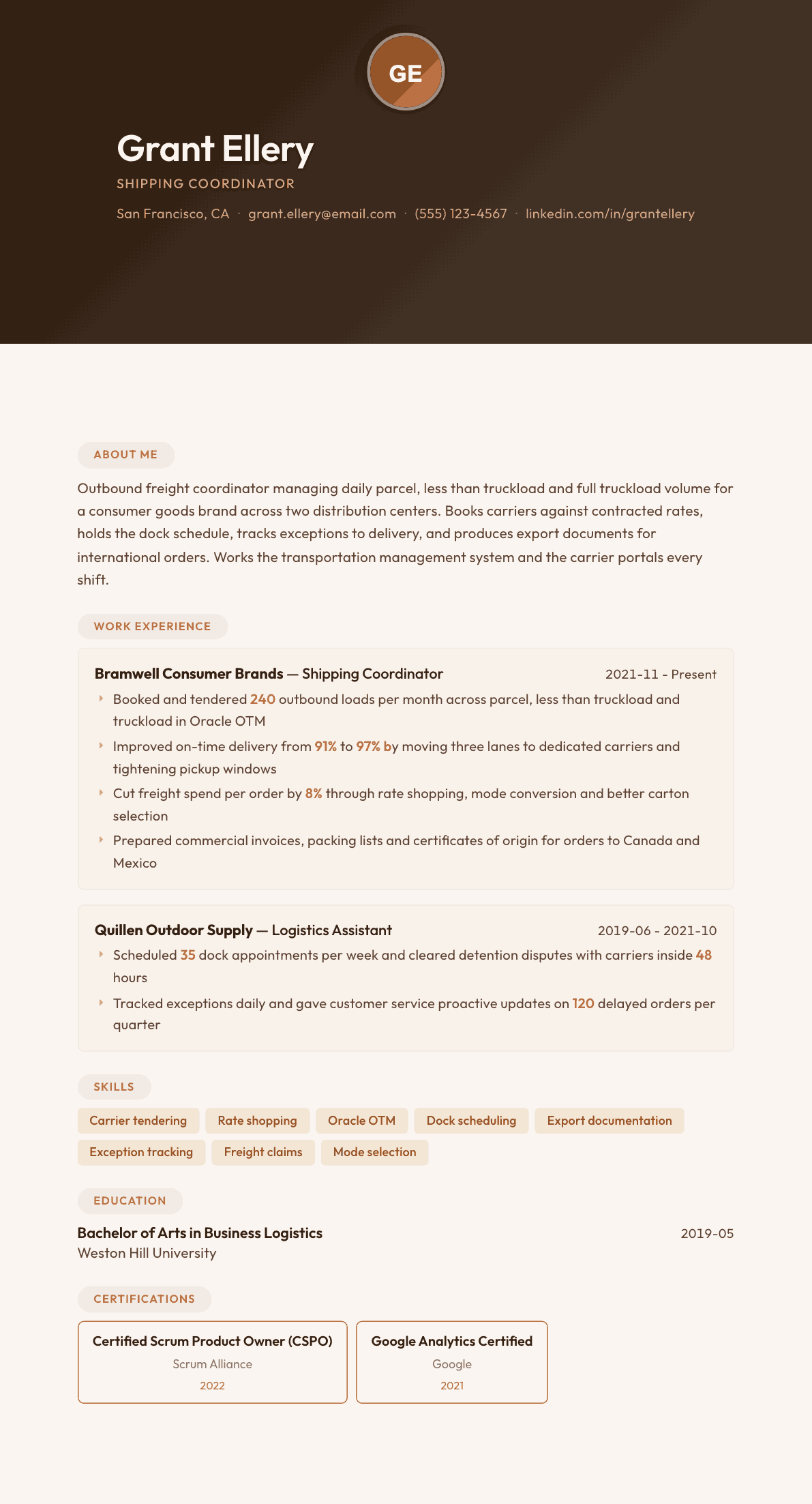 Shipping Coordinator resume example, Terracotta Studio template