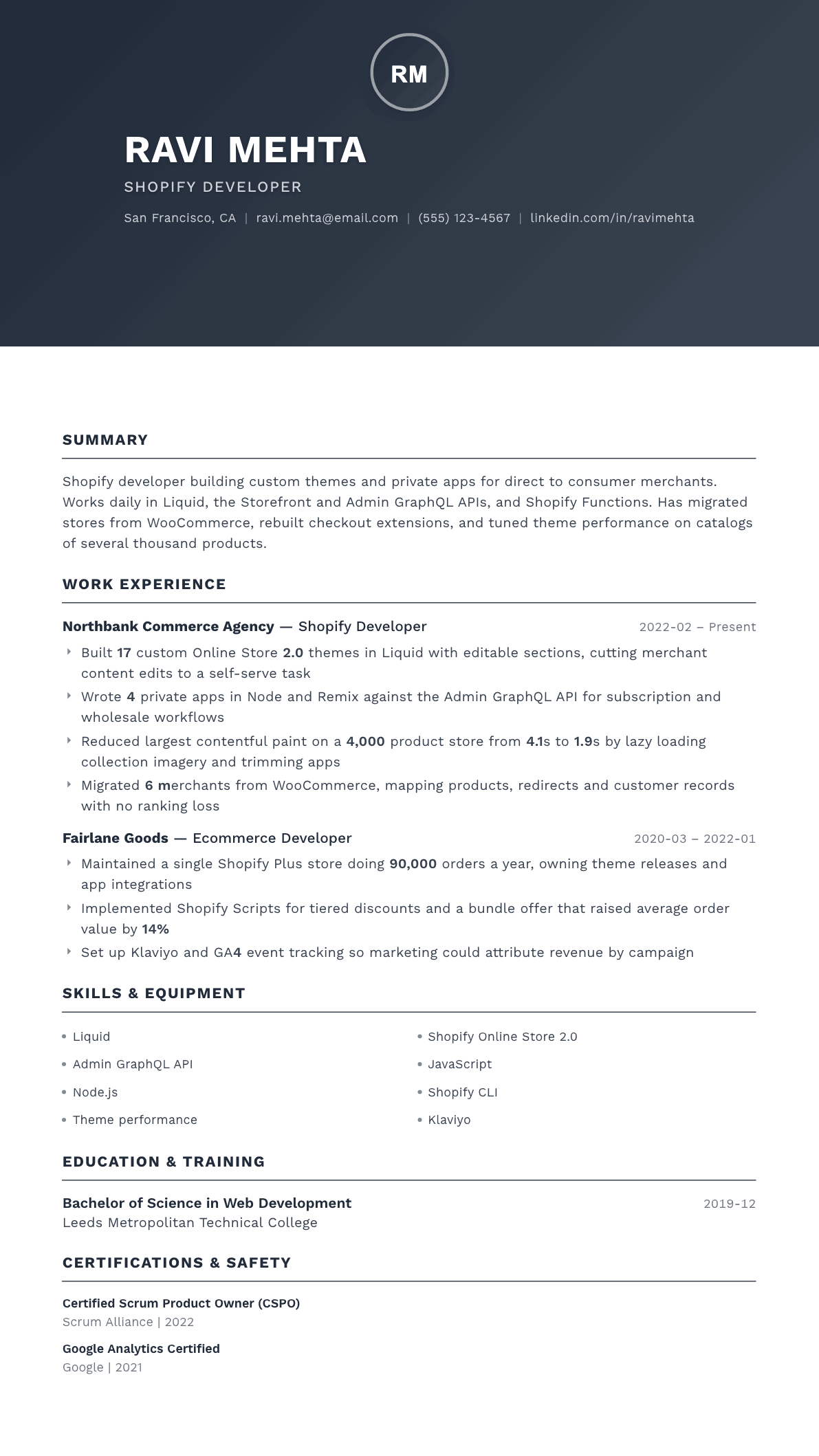 Shopify Developer resume example, Foundation template