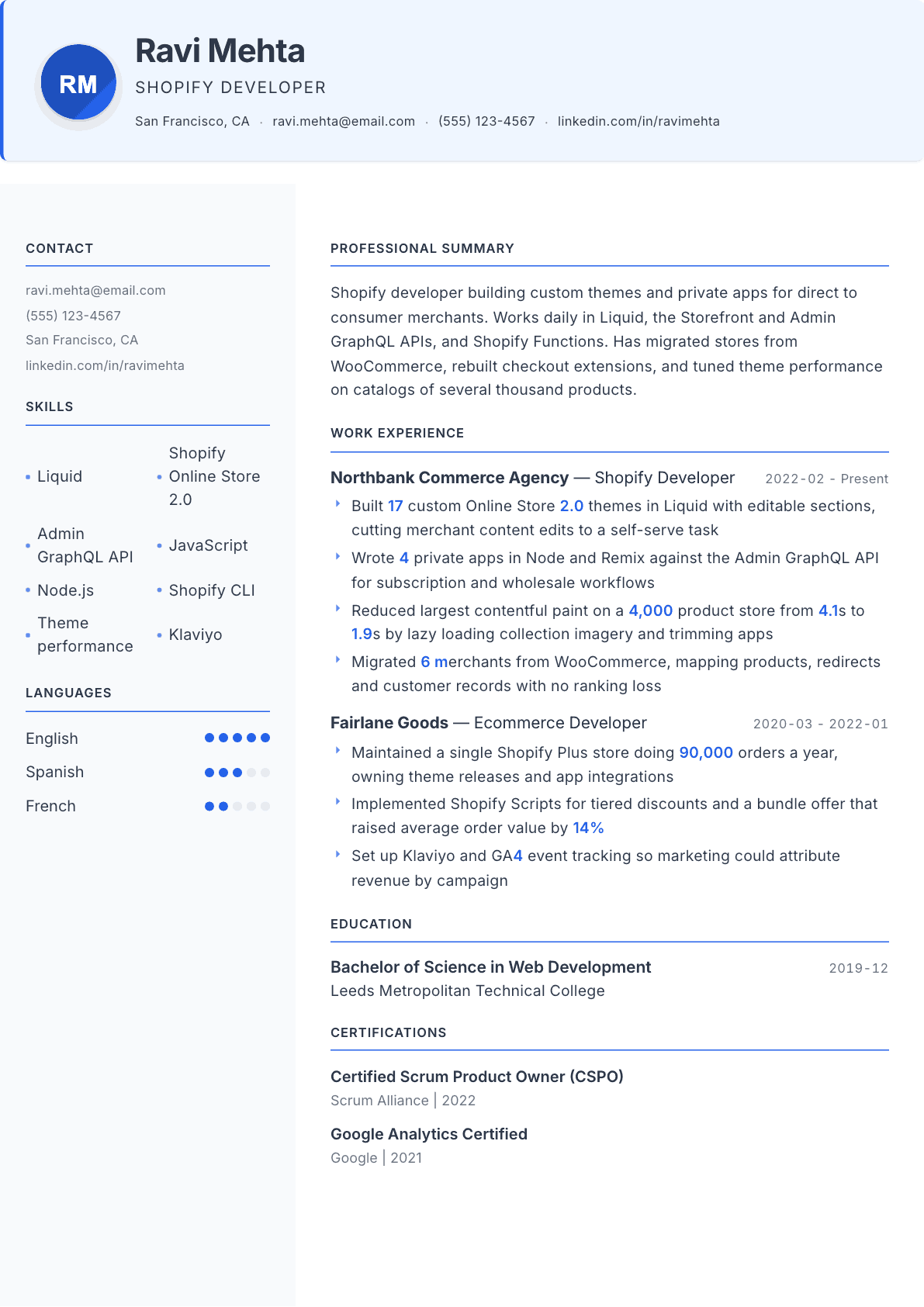 Shopify Developer resume example, Geneva template