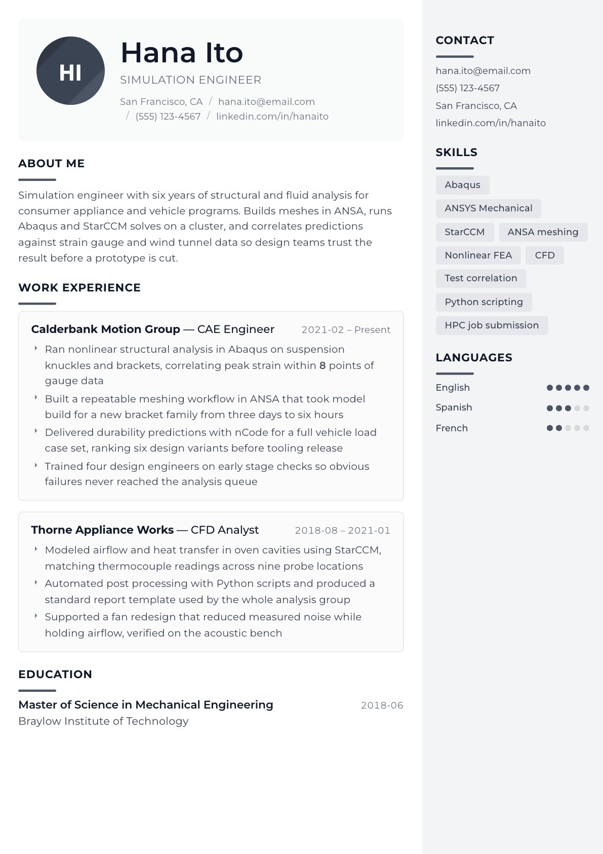 Simulation Engineer resume example, Metropolitan template