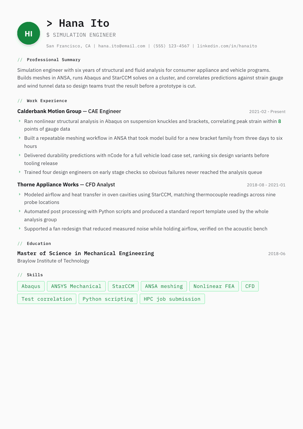 Simulation Engineer resume example, Amsterdam template