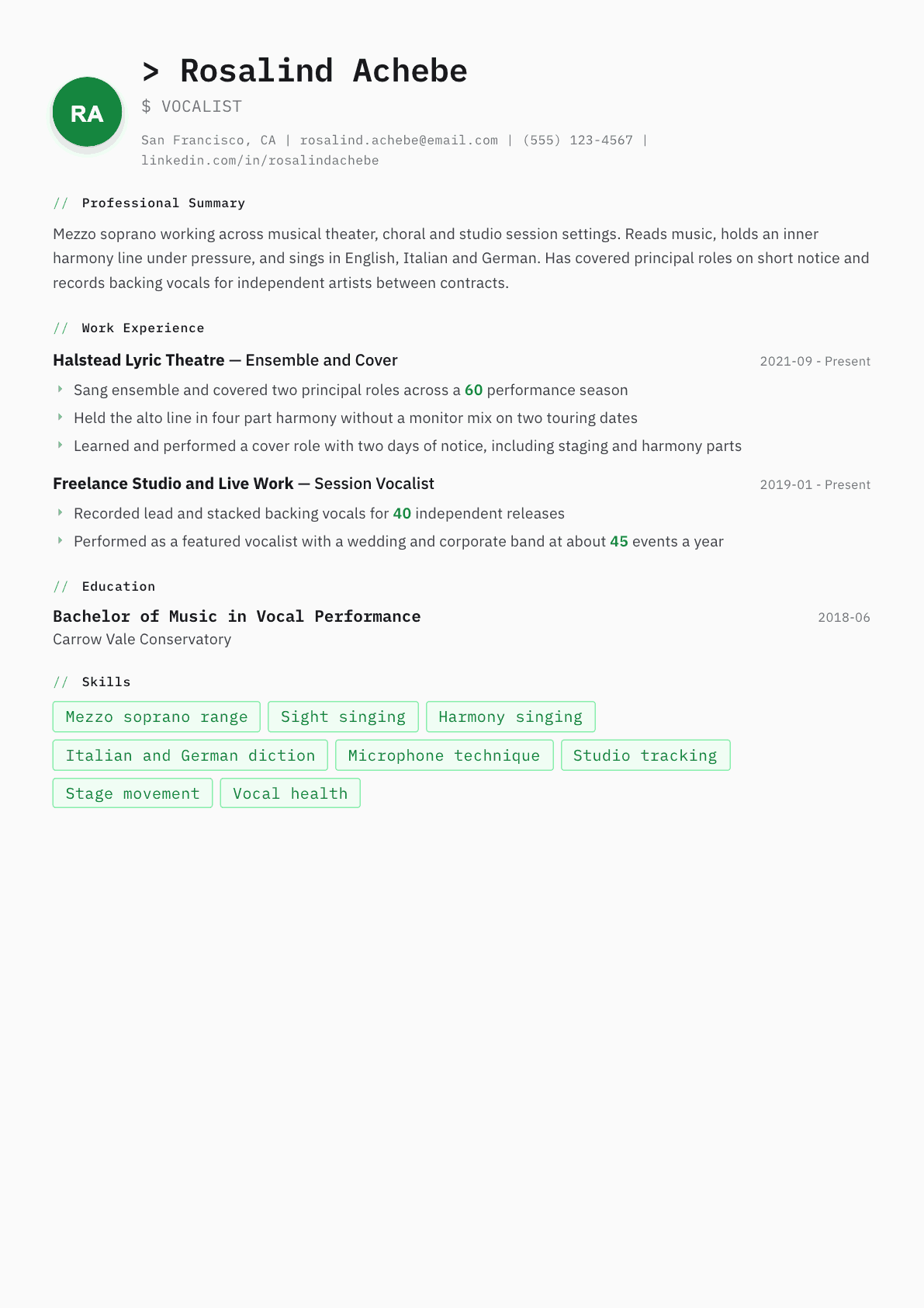 Singer resume example, Amsterdam template