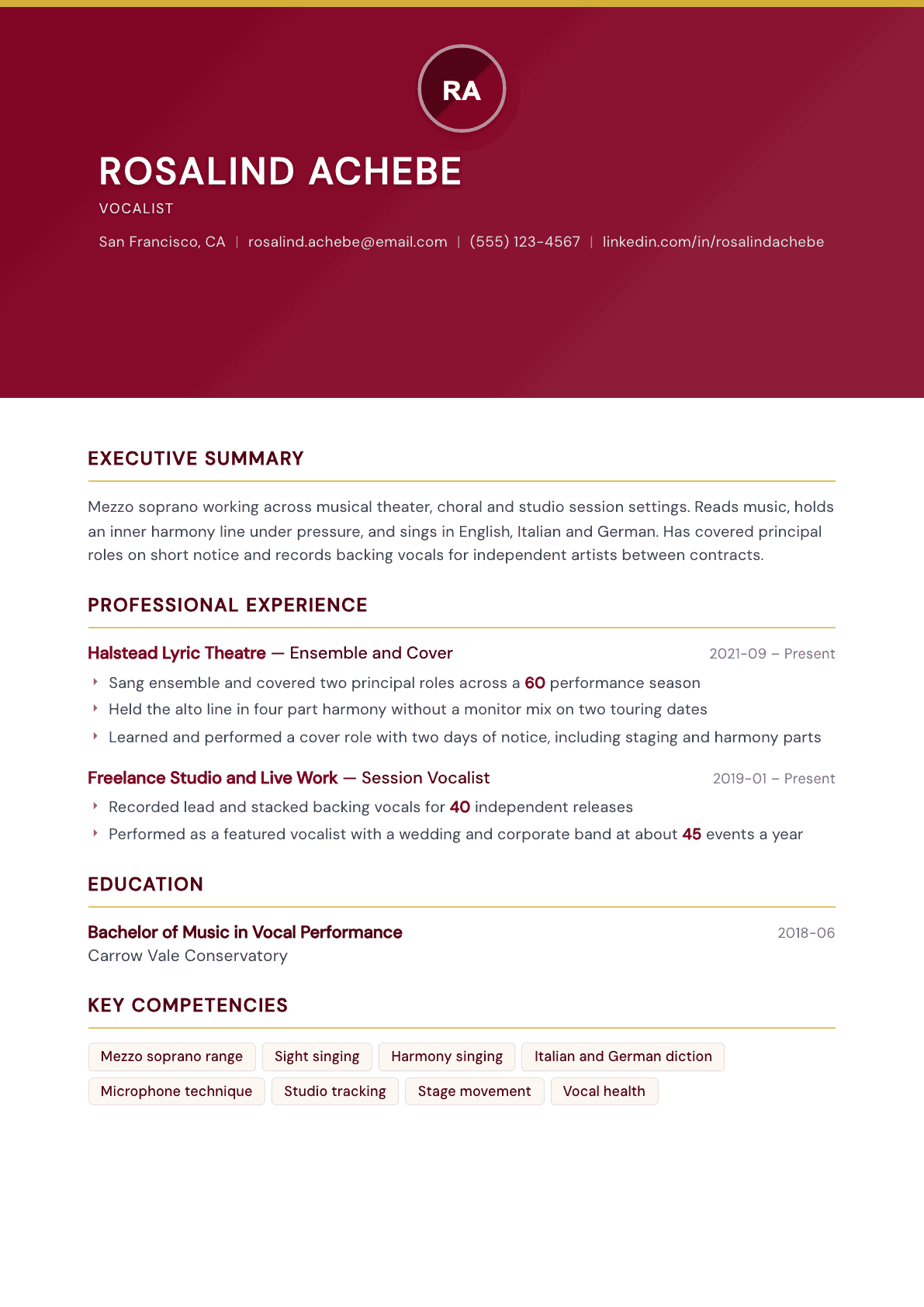 Singer resume example, Viceroy template